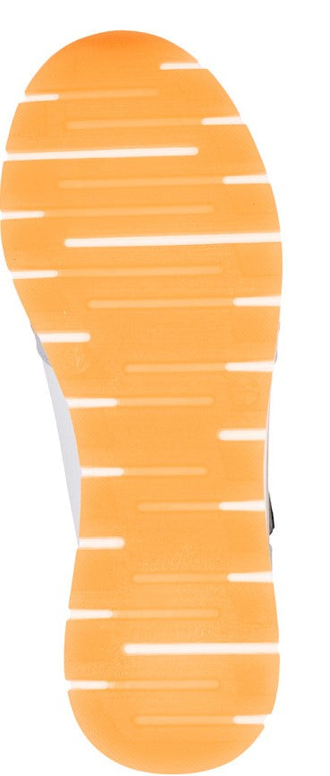 Orange shoe sole with horizontal white stripes.