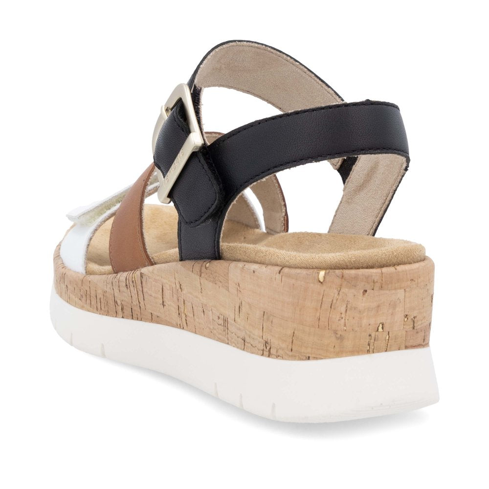 Cork platform sandal with multi-colored straps and buckle closure.