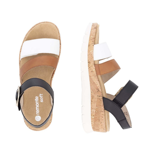 Pair of sandals, each has three straps, white, tan and black; buckle on the black strap; platform sole; "remonte soft" printed inside.