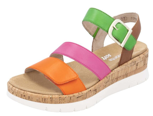 Cork platform sandal with orange, pink, green and brown straps and white sole.