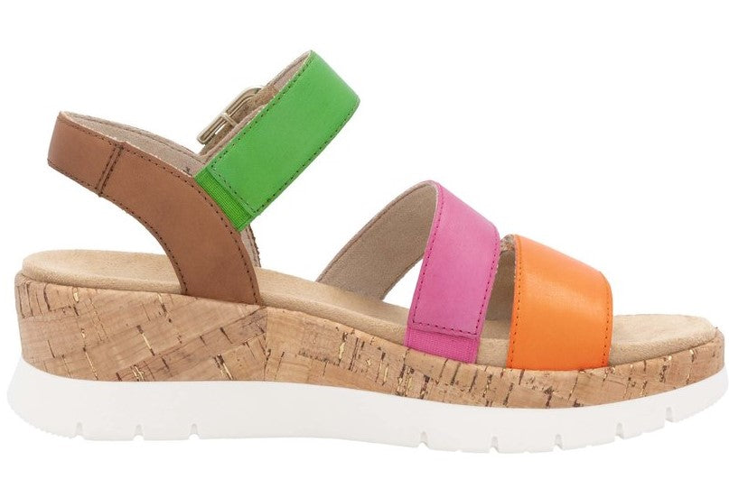 Womens multicolored open toe platform sandal with adjustable ankle strap.