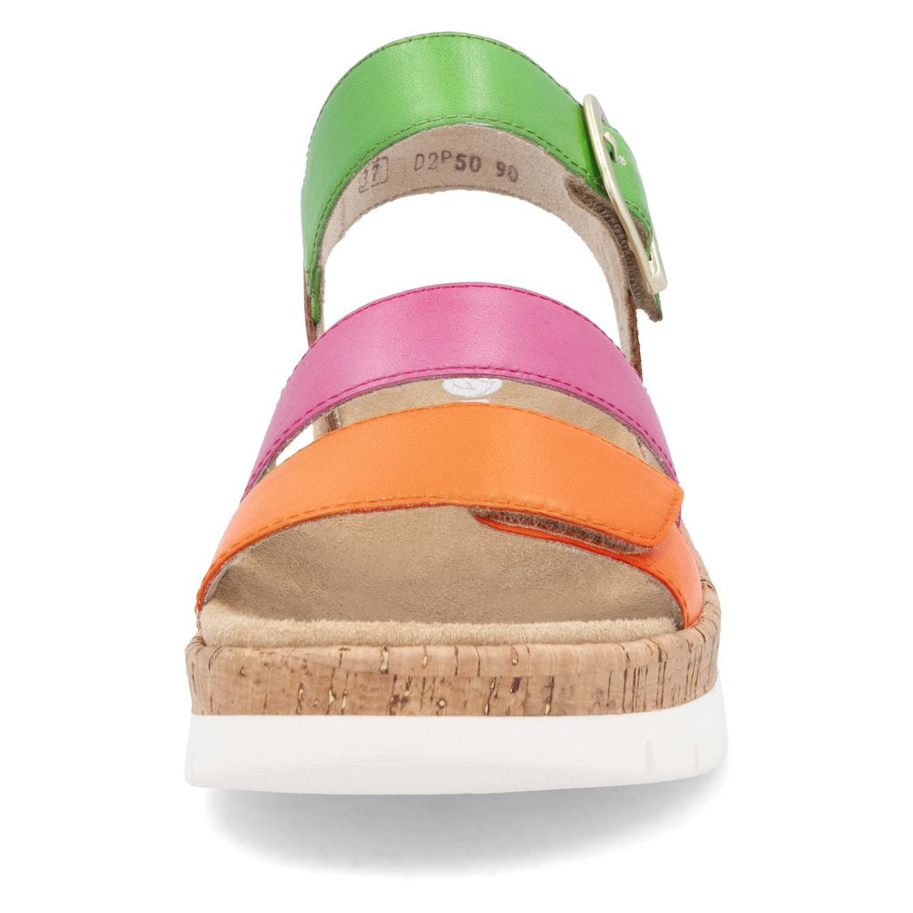 Platform sandal with green, pink, and orange straps, a buckle, cork sole, and white trim.