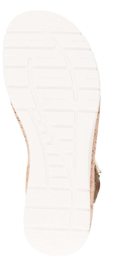The sole of a sandal, featuring a ridged white bottom and a cork-like upper with a strap.