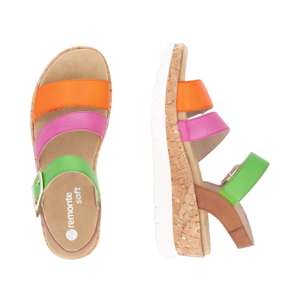 Remonte soft sandals featuring orange, pink, and green straps with buckle closure.