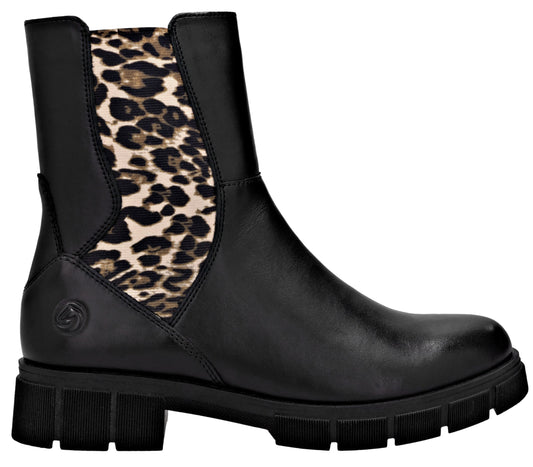 Black leather ankle boot with leopard print elastic panel.