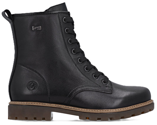 Black leather combat boot with laces and brown sole.