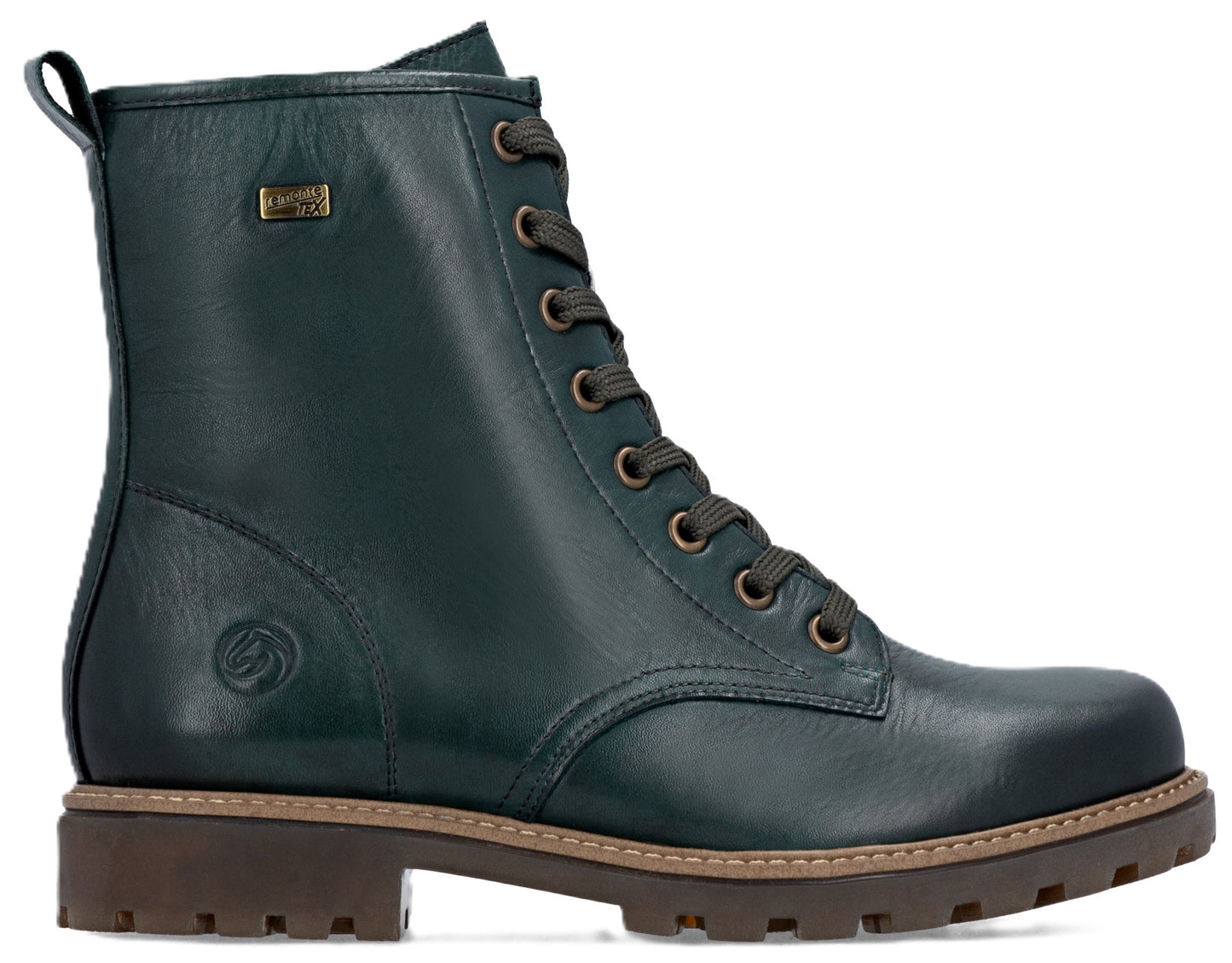 Lace-up boot in dark green leather with round toe and lug sole.