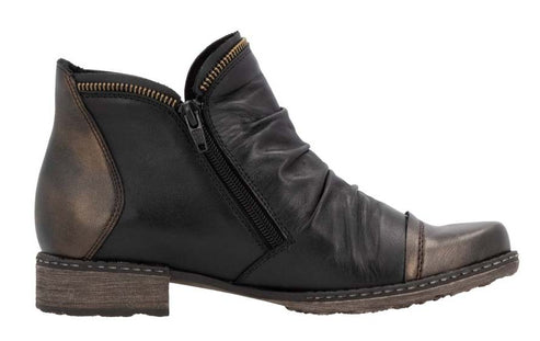 Black leather ankle boot with side zipper and slight heel.