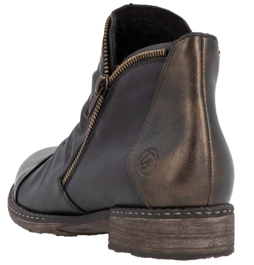 Black ankle boot with bronze heel and side zipper.