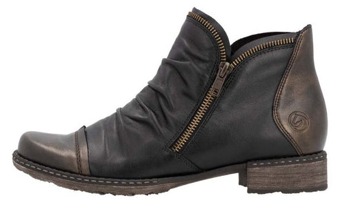 Black leather ankle boot with a zipper closure.