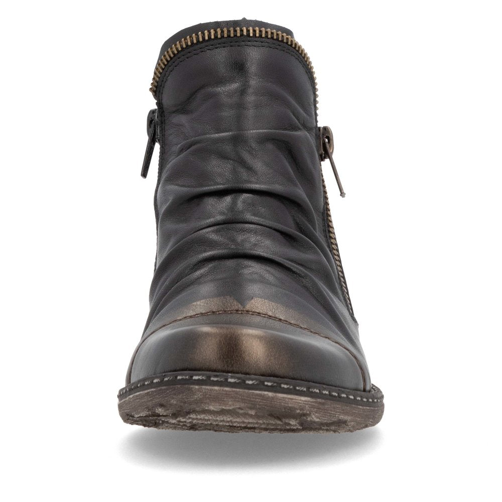 Black leather ankle boot with zipper closures and a weathered toe.