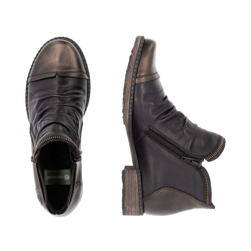 Two black and bronze leather ankle boots, one top-down and the other side view with zipper.