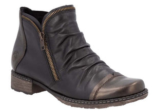 Black ankle boot with side zipper and bronze cap toe.