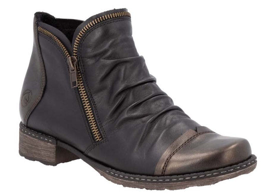 Black ankle boot with side zipper and bronze cap toe.