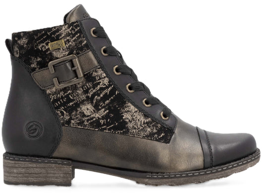 Black lace-up boot with patterned side panel and buckle detail.