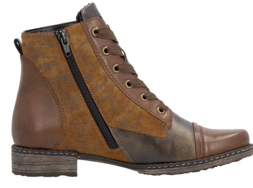 Ankle boot with mixed brown and tan panels, side zipper, and lace-up front.