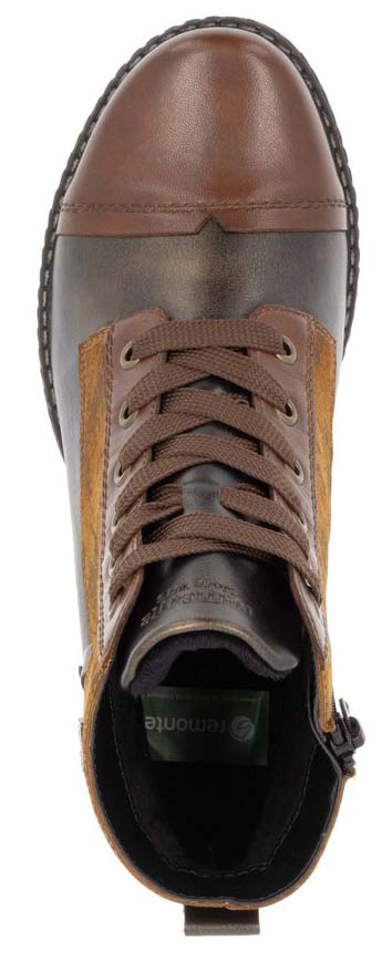 A bird's eye view of a brown, lace-up boot with a round toe.
