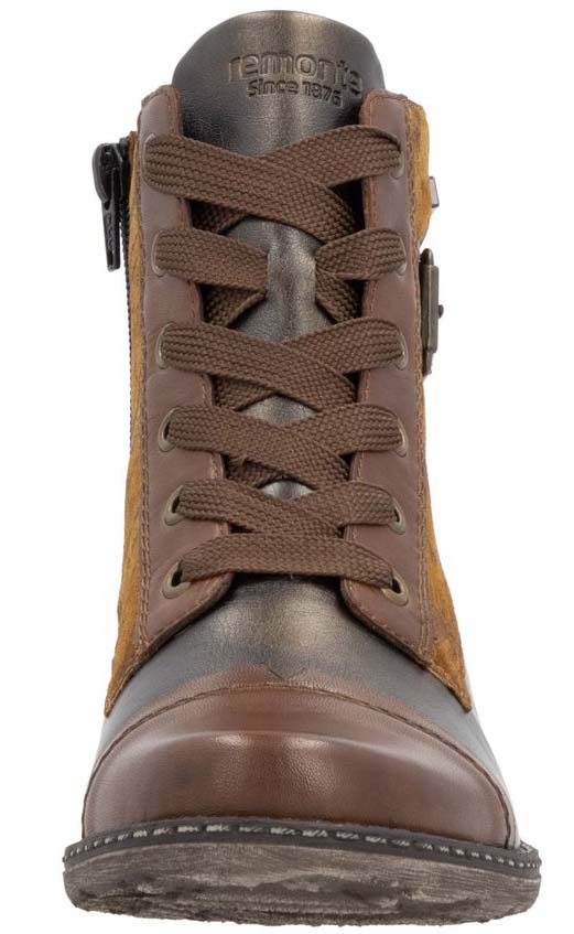 Brown leather lace-up ankle boot with zipper and buckle details.