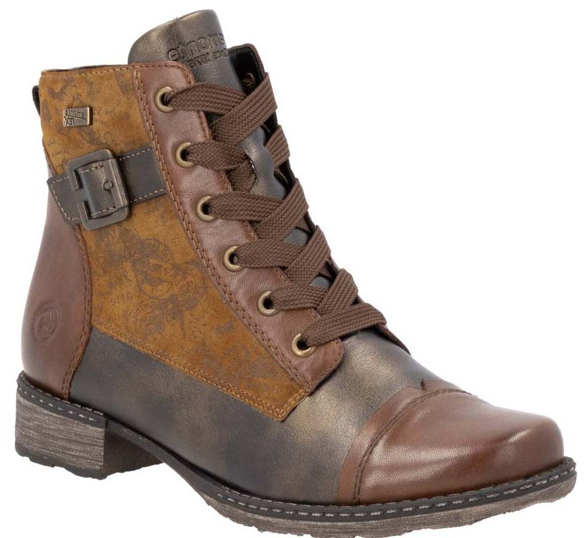 Lace-up ankle boot with cap toe and decorative buckle.