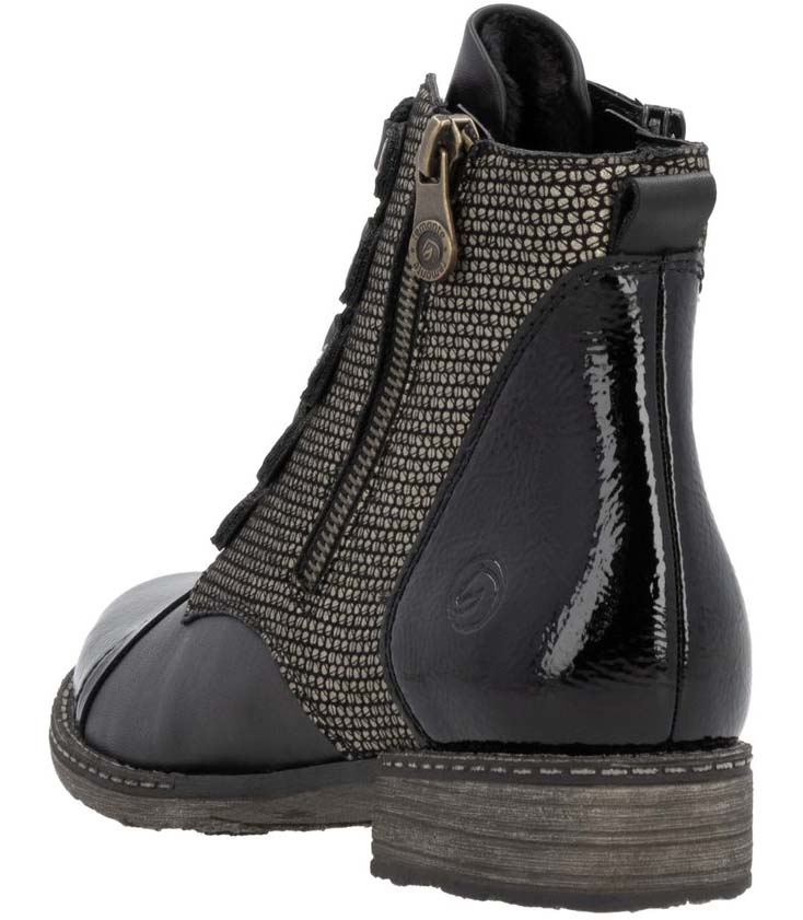 Black ankle boot with side zipper, metallic design, and a patent leather finish on the heel and toe.