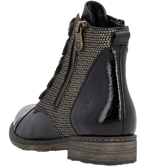 Black ankle boot with side zipper, metallic design, and a patent leather finish on the heel and toe.