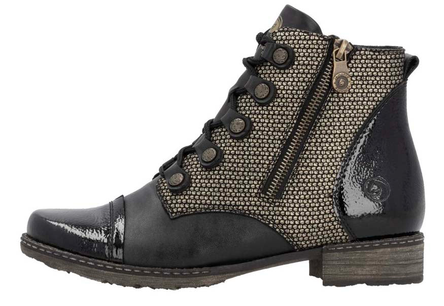 Black ankle boot with patent leather toe, lace-up closure, side zipper, and patterned side panels.