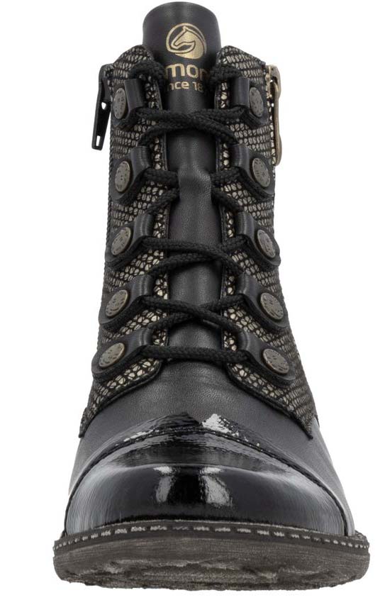 Black ankle boot with decorative buttons, a zipper closure, and a shiny toe cap.