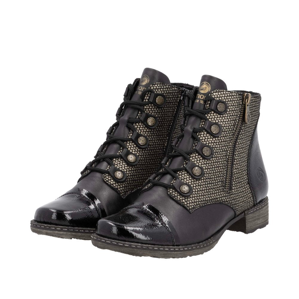 Pair of ankle-high black and grey boots with laced and zippered closure.