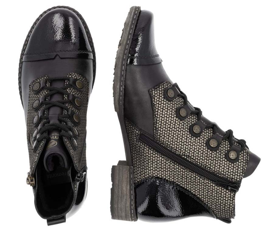 Pair of black leather boots with lace-up and side zipper closure; decorative shiny trim around toe and heel, textured side panel.