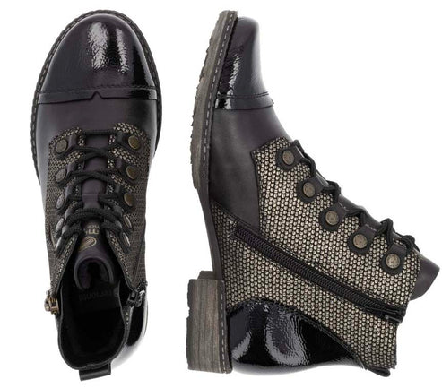 Pair of black leather boots with lace-up and side zipper closure; decorative shiny trim around toe and heel, textured side panel.