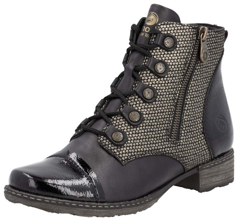 Black leather ankle boot with a shiny toe and textured side panel, featuring laces, metal hardware, and a zipper.