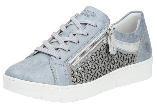 Light gray lace-up sneaker with side zipper and flower-shaped cutouts.