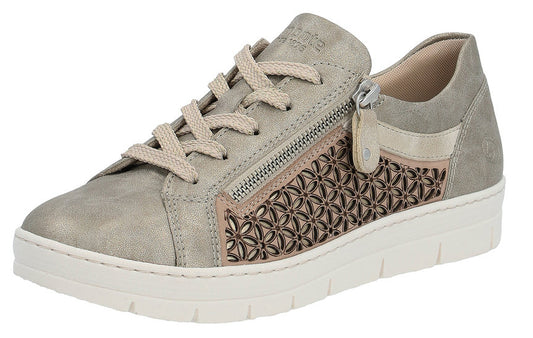 Beige, low-top sneaker with laces, side zipper, and flower-patterned decoration.
