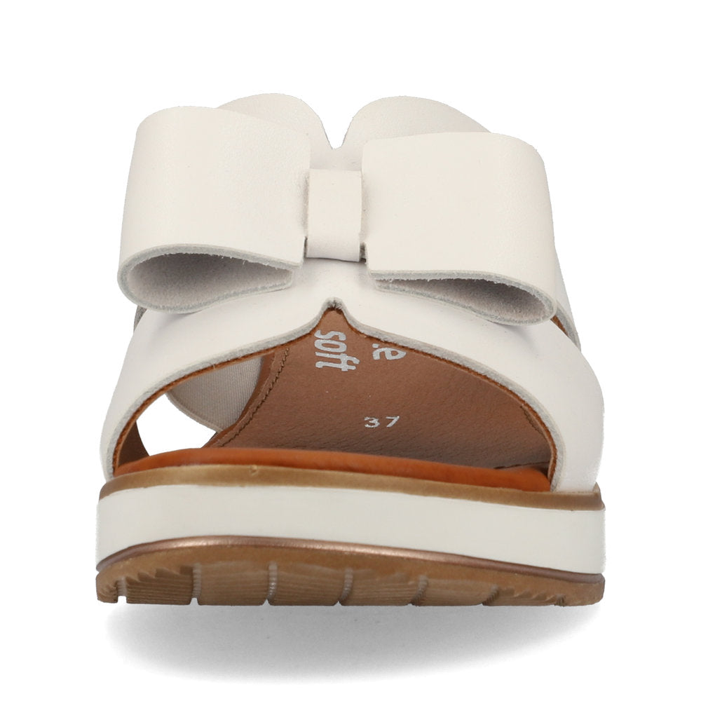 Front view of a women's white leather sandal with a bow-shaped strap.