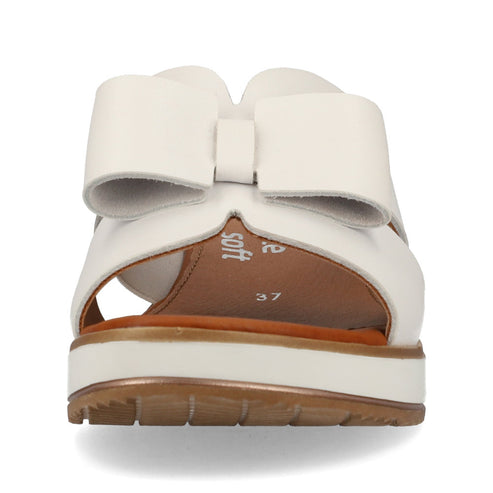 Front view of a women's white leather sandal with a bow-shaped strap.