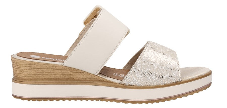 wedge sandal with white and metallic straps