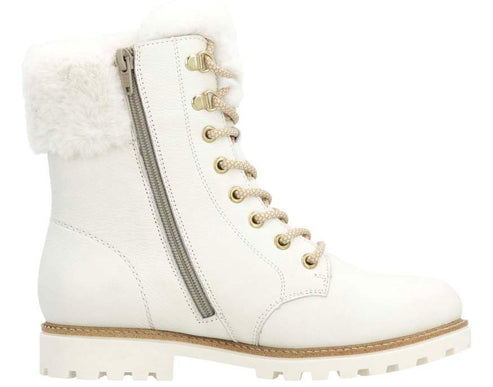 White leather lace-up boot with faux fur trim and side zipper.