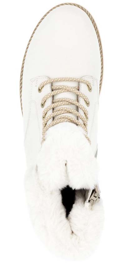 White boot with fur trim and laced front.