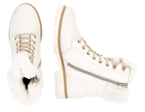 Pair of white leather ankle boots with laces and faux fur trim.