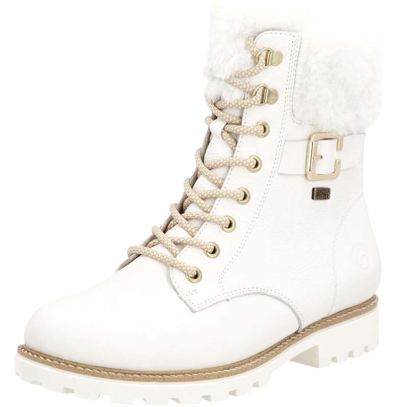 White ankle boot with faux fur trim, laces, and gold hardware.