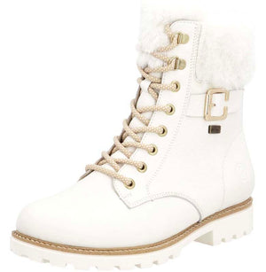 White ankle boot with faux fur trim, laces, and gold hardware.