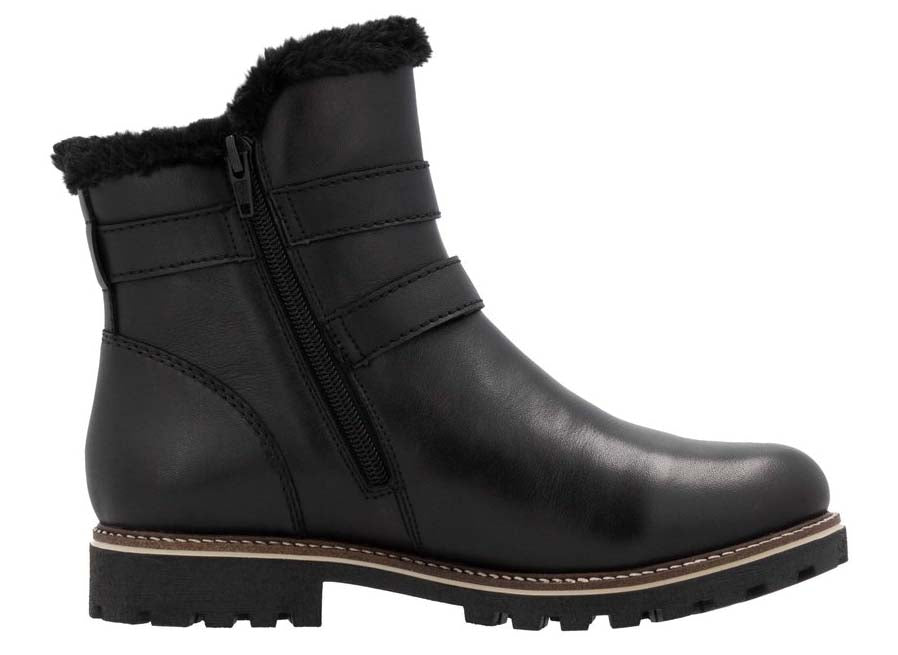 Black ankle boot with side zipper, faux fur trim, and buckled straps.