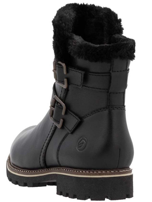 Black leather boot with fur lining and two buckle straps.