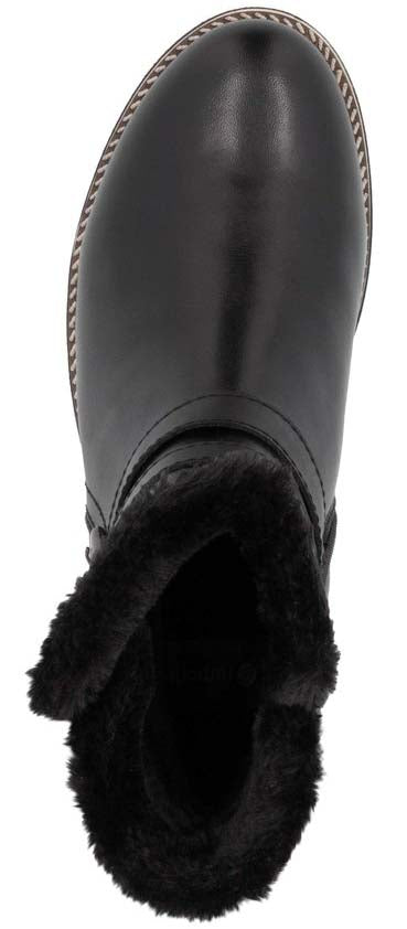 Top-down view of a black ankle boot with faux fur lining.