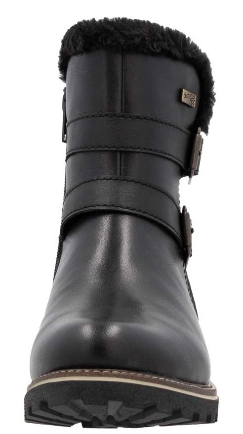 Black leather ankle boot with faux fur trim and buckle straps.