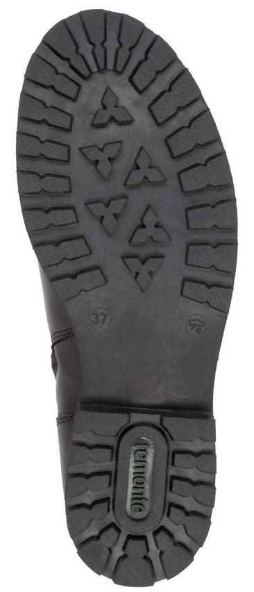 Sole of a black shoe with the visible text "Remonte".