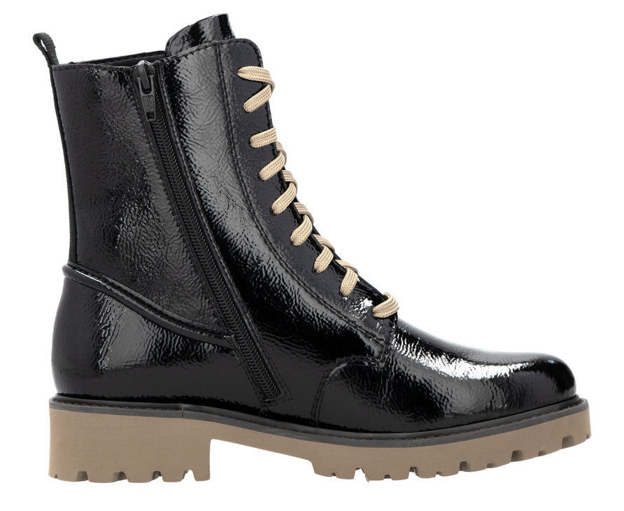 Black patent leather combat boot with tan laces and lug sole and side zipper.