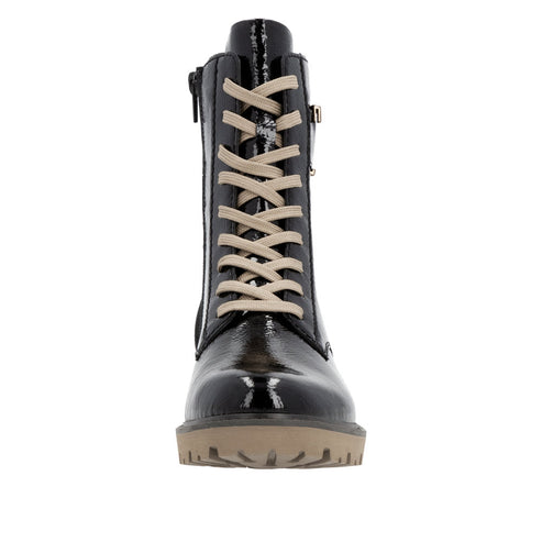 Front view of a black patent-leather combat boot with beige laces.