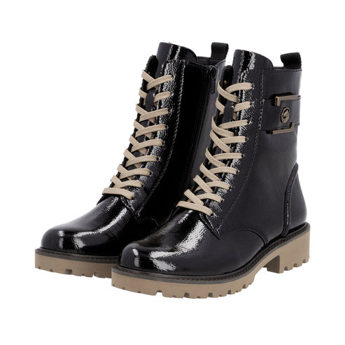 Pair of shiny black lace-up boots with a side zipper and lug soles.