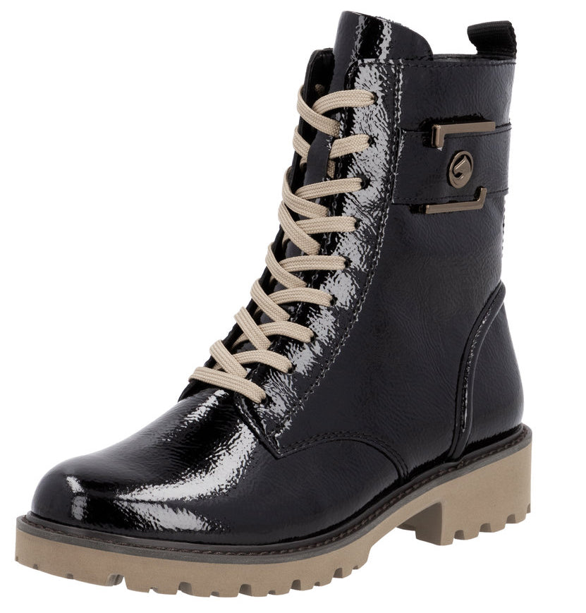 Black, patent leather combat boot with beige laces and lug sole, featuring a buckle detail.
